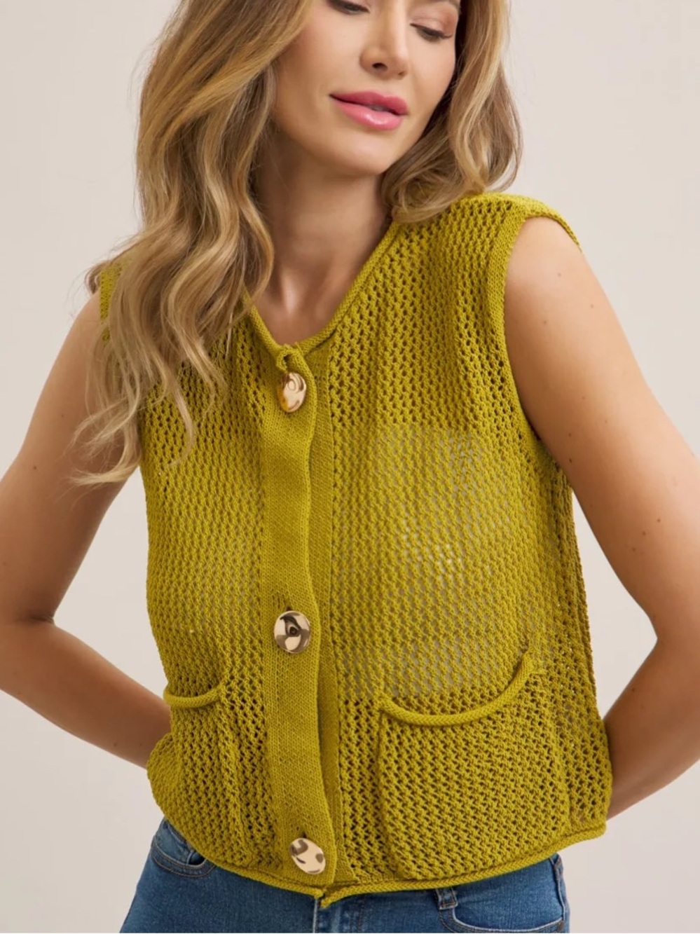 Green Knit Button Front Vest